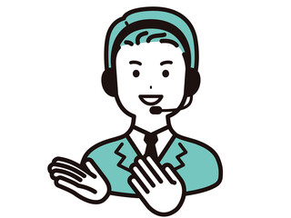 コールセンター、オペレーターの男性　横に手を向けて案内する