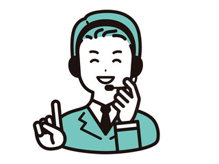 コールセンター、オペレーターの男性　笑顔	で説明する