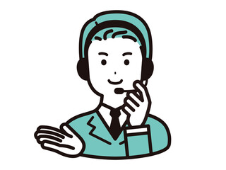 コールセンター、オペレーターの女性　手の平を向けて案内する