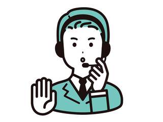 コールセンター、オペレーターの男性　片手を上げて説明する