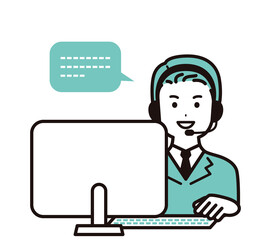 パソコンに向かうコールセンター、オペレーターの男性　電話で話す