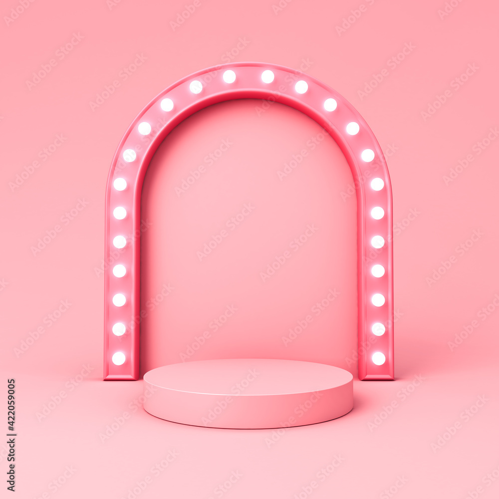 Leinwandbilder blank pink podium pedestal or platform with glowing retro light bulbs isolated on pink pastel color 
