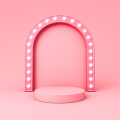 Blank pink podium pedestal or platform with glowing retro light bulbs isolated on pink pastel color background with shadow minimal conceptual 3D rendering