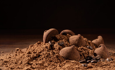 sprinkle with cocoa powder chocolate sweets with truffle on black background