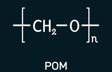 Polyoxymethylene, POM, acetal, polyacetal, polyformaldehyde molecule. It is synthetic polymer, engineering thermoplastic. Skeletal chemical formula on the dark blue background