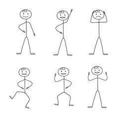 happy person pictograph with different emotions in different poses standing, dancing in isolation on a white background