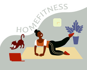 a woman doing fitness at home. Vector illustration for the  lock down theme