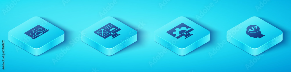 Poster set isometric web development, ui or ux design, front end and icon. vector