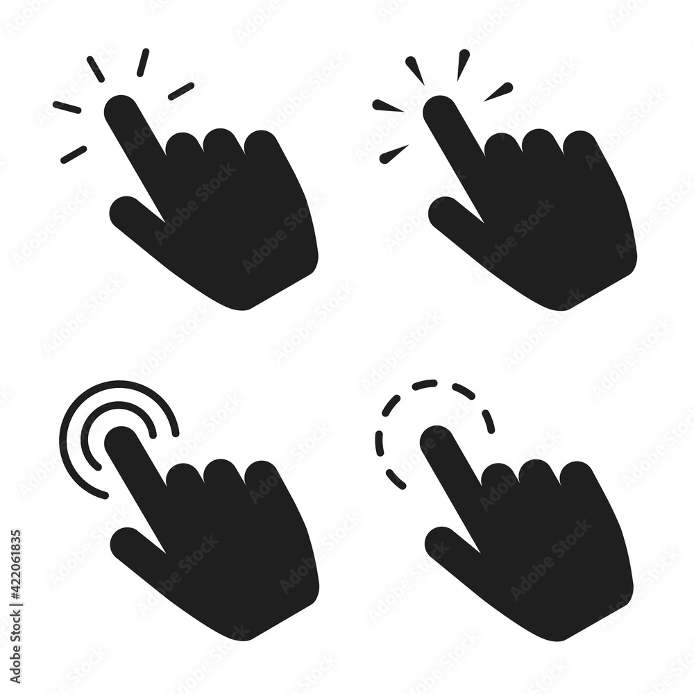 Poster click finger icon set. hand touching of cursor. choose pointer symbol for website, app. black mouse 