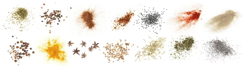  Set spices pile, oregano, pepper, cinnamon, crushed red cayenne pepper, black cumin, red paprika powder, white pepper, allspice, turmeric, star anise, coriander, rosemary, parsley, poppy seeds   © dule964