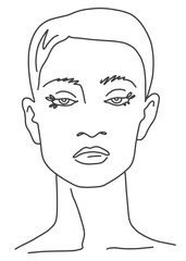 Line drawing face Portrait of young woman with short hair and beautiful eyes. Sketch Vector illustration