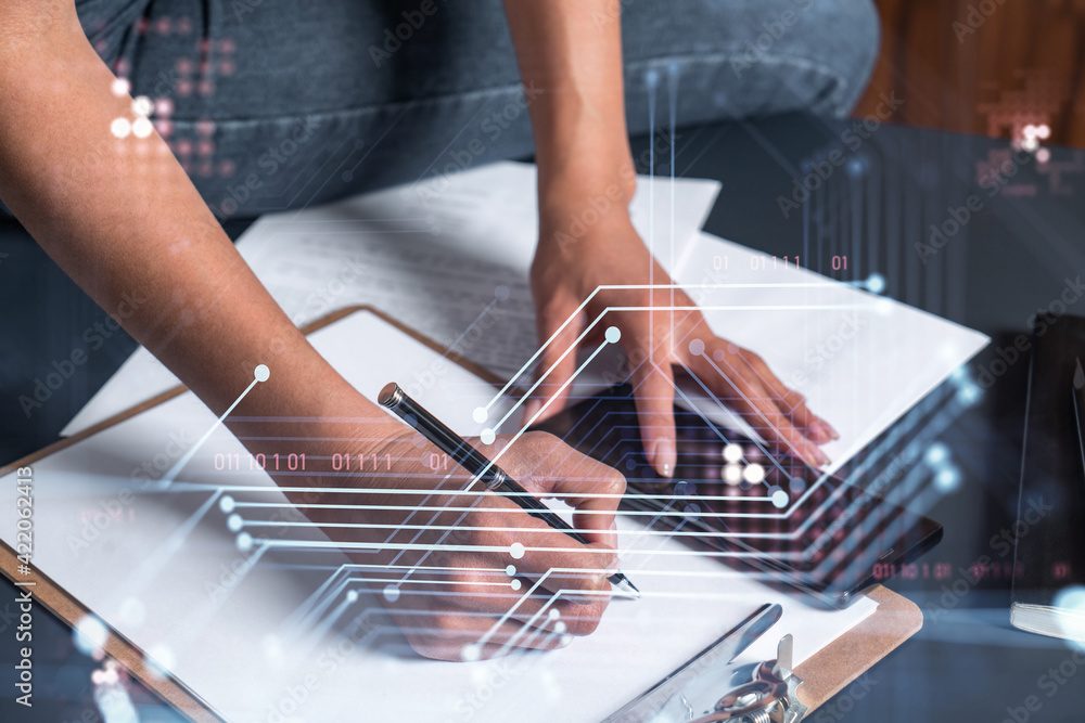 Poster a businesswoman in casual wear writing down some ideas using phone to create innovative software to 