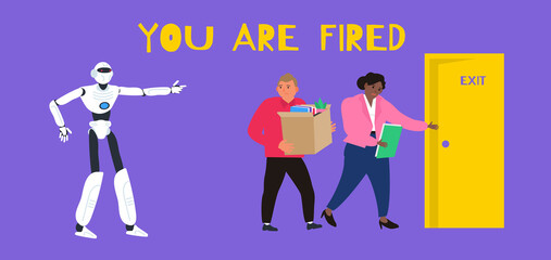 robot humanoid pointing finger on dismissed fired employees man      and woman job unemployment crisis vector illustration