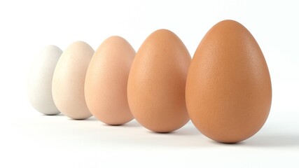 sorted five shades of egg. different colors of egg sorted in a row. 3d illustration, suitable for food, egg and farm themes.