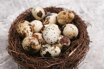 Quail eggs in a nest on concrete background. Easter concept