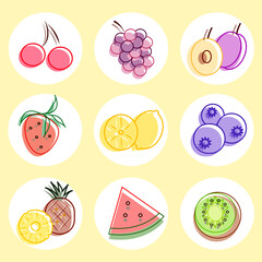 Set of different kinds of fruit icons. Collection of hand-drawn doodle design icons presenting different types of fruits isolated on white and yellow background. 