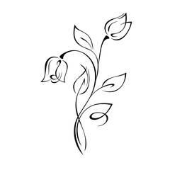 ornament 1626. two stylized rose flower buds on a stem with leaves and curls in black lines on a white background