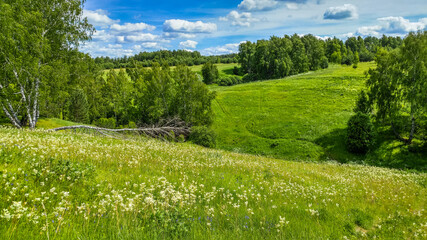 Countryside landscape of wide plain with green grass, beautiful clouds in blue sky in springtime