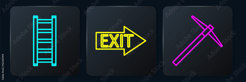 Poster set line fire escape, pickaxe and fire exit. black square button. vector