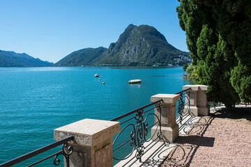 Fototapeta na wymiar luxury balustrade, on the shore of Lake Lugano near the lake of the same name
