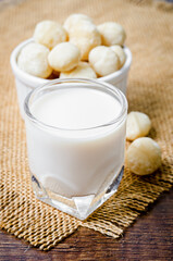 Macadamia milk in a glass and a bowl of macadamia nuts.