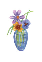 A bouquet of multicolored flowers in a vase, isolated on a white background. the illustration is hand-drawn in watercolour.