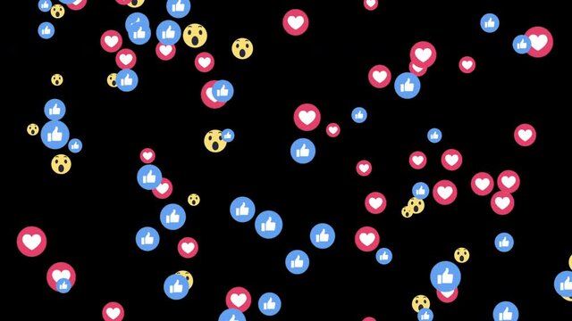 Social media positive reactions from bottom with likes, hearts, wow and luma matte on tail perfect for motion graphic and compositing	