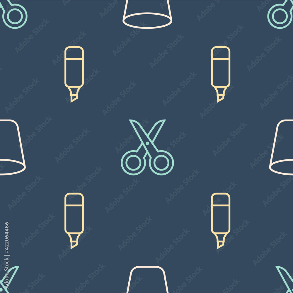 Poster set line trash can, marker pen and scissors on seamless pattern. vector