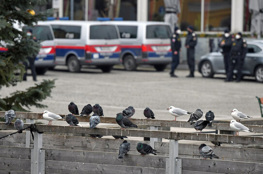 Police control at a corona demonstration in Upper Austria during the corona lockdown, Austria, Europe
