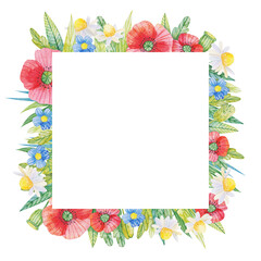 Square frame with wildflowers. Watercolor template for your invitations, advertisements and posts.
