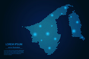 Abstract image Brunei map from point blue and glowing stars on a dark background. Vector Illustration.