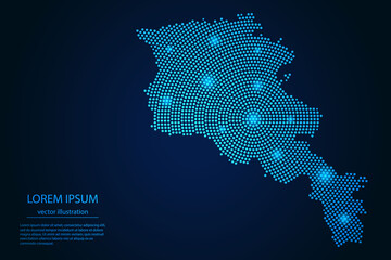 Abstract image Armenia map from point blue and glowing stars on a dark background. vector illustration.