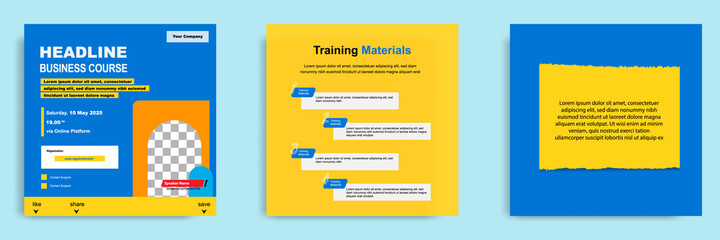 Set bundle collection of social media post template. Layout for online webinar, conference, training, seminar, course, and learning video. Minimal modern and simple style.