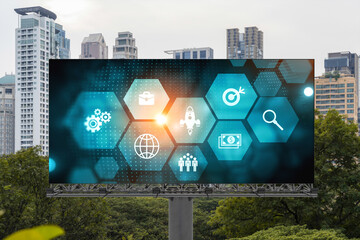 Research and development hologram on billboard over panorama city view of Bangkok. The hub of new...