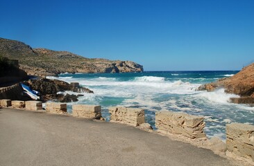 Fototapeta na wymiar Rough seas at Cala Carbo in Cala San Vicente on the Spanish island of Majorca