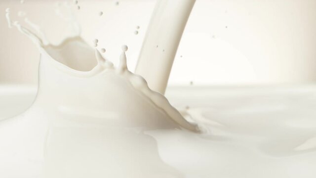 Super slow motion of milk splash isolated on white background. Filmed on high speed cinema camera, 1000 fps.