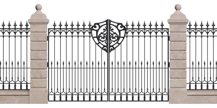 Gate. Iron fence with stone pillars. Wrought iron. Metal decor. Urban design. Art Nouveau. Vintage. Luxury modern architecture. City. Street. Park. Palace. 3D render. Isolated. White background.