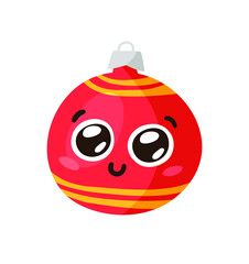 Hand drawn Christmas Emoji Ball on white background. Creative flat art. Actual vector drawing decorations toy. Cartoon Character Emoticon