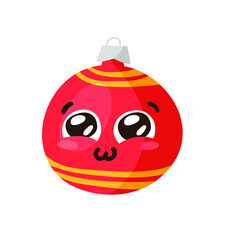 Hand drawn Christmas Emoji Ball on white background. Creative flat art. Actual vector drawing decorations toy. Cartoon Character Emoticon