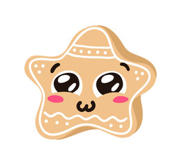 Hand drawn Christmas Emoji Gingerbread Cookie Star on white background. Creative flat art. Actual vector drawing decorations. Cartoon Character Emoticon