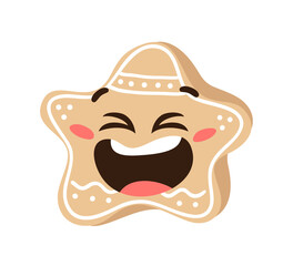 Hand drawn Christmas Emoji Gingerbread Cookie Star on white background. Creative flat art work. Actual vector drawing decorations. Cartoon Character Emoticon