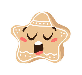 Hand drawn Christmas Emoji Gingerbread Cookie Star on white background. Creative flat art work. Actual vector drawing decorations. Cartoon Character Emoticon