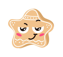 Hand drawn Christmas Emoji Gingerbread Cookie Star on white background. Creative flat art. Actual vector drawing decorations. Cartoon Character Emoticon
