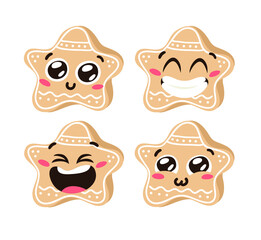 Hand drawn Christmas Emoji Gingerbread Cookie Star on white background. Creative flat art. Actual vector drawing decorations. Cartoon Character Emoticon