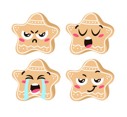 Hand drawn Christmas Emoji Gingerbread Cookie Star on white background. Creative flat art. Actual vector drawing decorations. Cartoon Character Emoticon