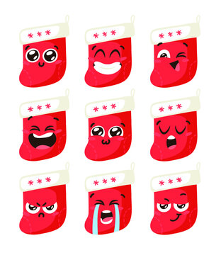 Hand drawn Christmas Emoji Socks on white background. Creative flat work. Actual vector drawing decorations. Cartoon Character Emoticon