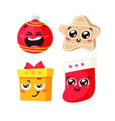 Hand drawn Christmas Emoji Gingerbread Cookie Star, Ball and Gift Box on white background. Creative flat art. Actual vector drawing decorations. Cartoon Character Emoticon