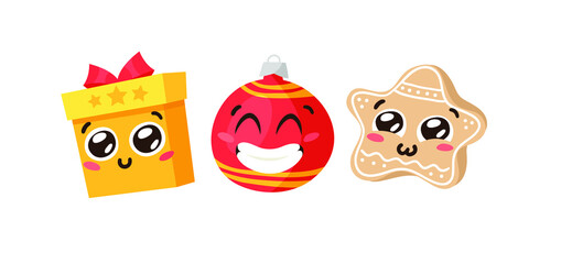 Hand drawn Christmas Emoji Gingerbread Cookie Star, Ball and Gift Box on white background. Creative flat art. Actual vector drawing decorations. Cartoon Character Emoticon
