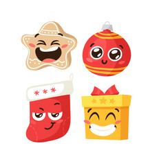 Hand drawn Christmas Emoji Gingerbread Cookie Star, Ball, Sock and Gift Box on white background. Creative flat art work. Actual vector drawing decorations. Cartoon Character Emoticon