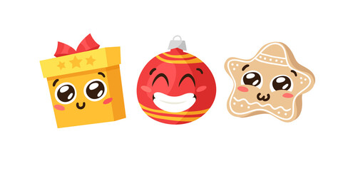 Hand drawn Christmas Emoji Gingerbread Cookie Star, Ball and Gift Box on white background. Creative flat art work. Actual vector drawing decorations. Cartoon Character Emoticon
